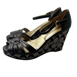 COACH Signature Vintage Katherine Wedge Sandals Black Size 9
